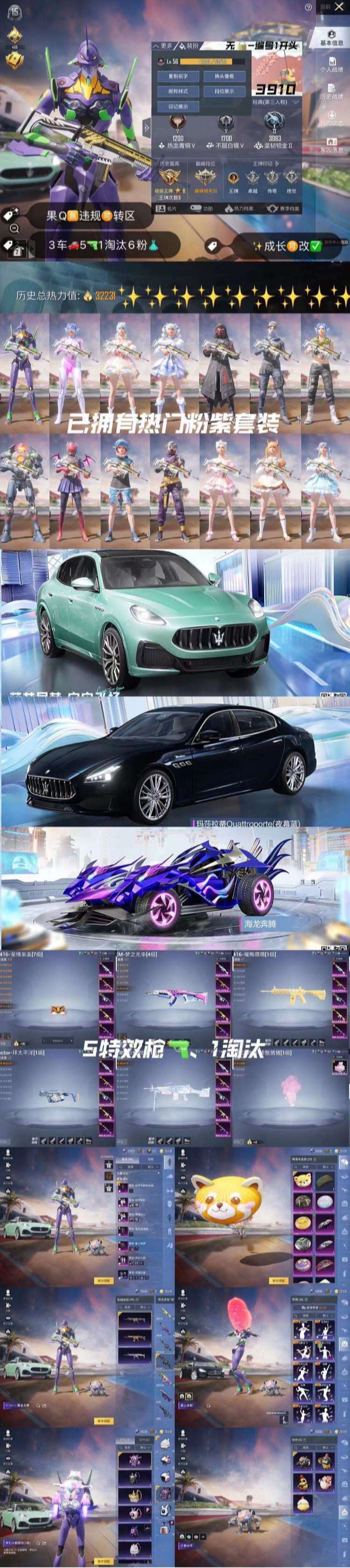 【3载具】玛莎拉蒂Quattroporte(夜幕蓝) 玛莎拉蒂Grecale(薄荷绿) 海龙奔腾
【6粉装】初号机款机体服 霁雪冰心套装 星之彼岸套装 旋转彩虹套装 梦幻火箭套装 复仇流浪者 
【5特