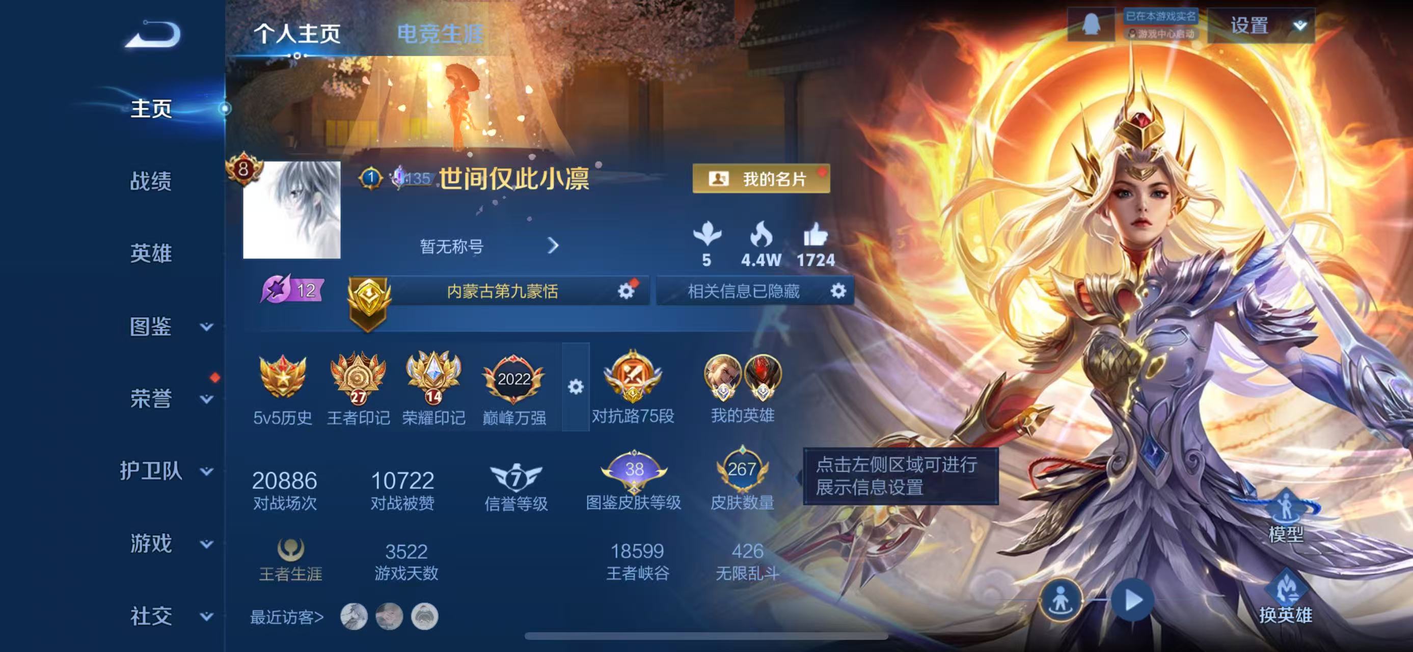 王者荣耀账号苹果QQ125英雄-267皮肤-苹果QQ/V8/绝世王者/267皮肤/125英雄/1典藏/0珍品无双/0无双