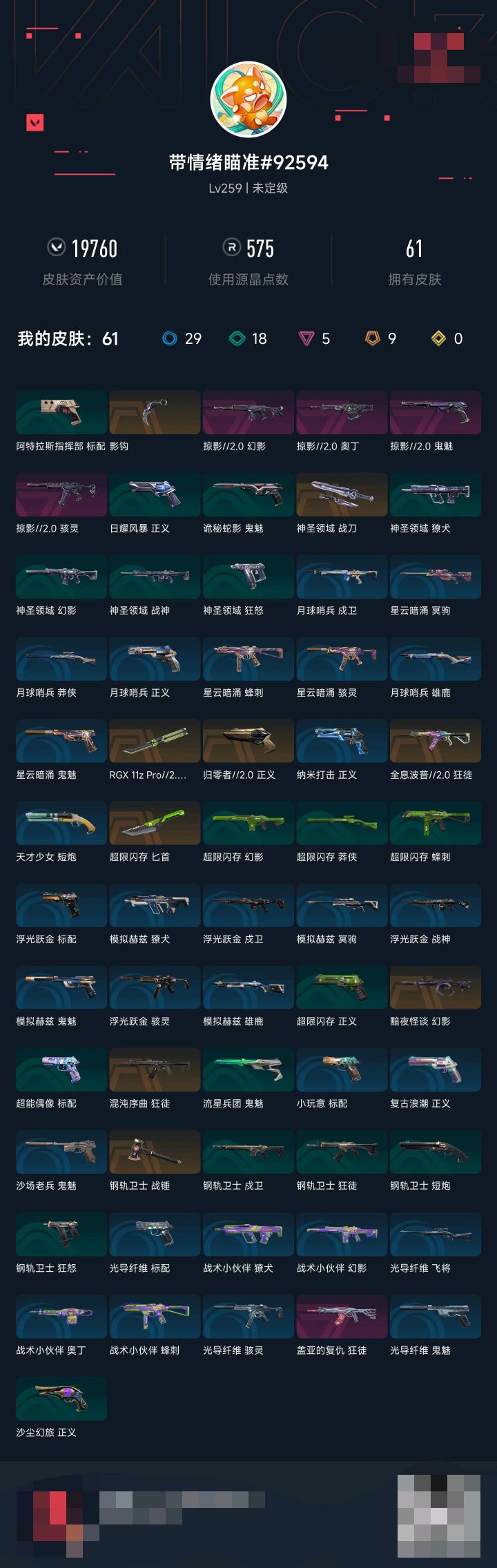 无畏契约账号QQ 等级:Lv259 | 未定级/ 已用源晶点:575/  皮肤价值:19760/ 英雄数:27/ 
