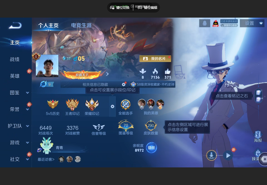 王者荣耀账号苹果QQV8【22传说 凯典藏 怪盗基德 荣耀印记 白虎志 Hello Kitty天幕 贵族积分88316】