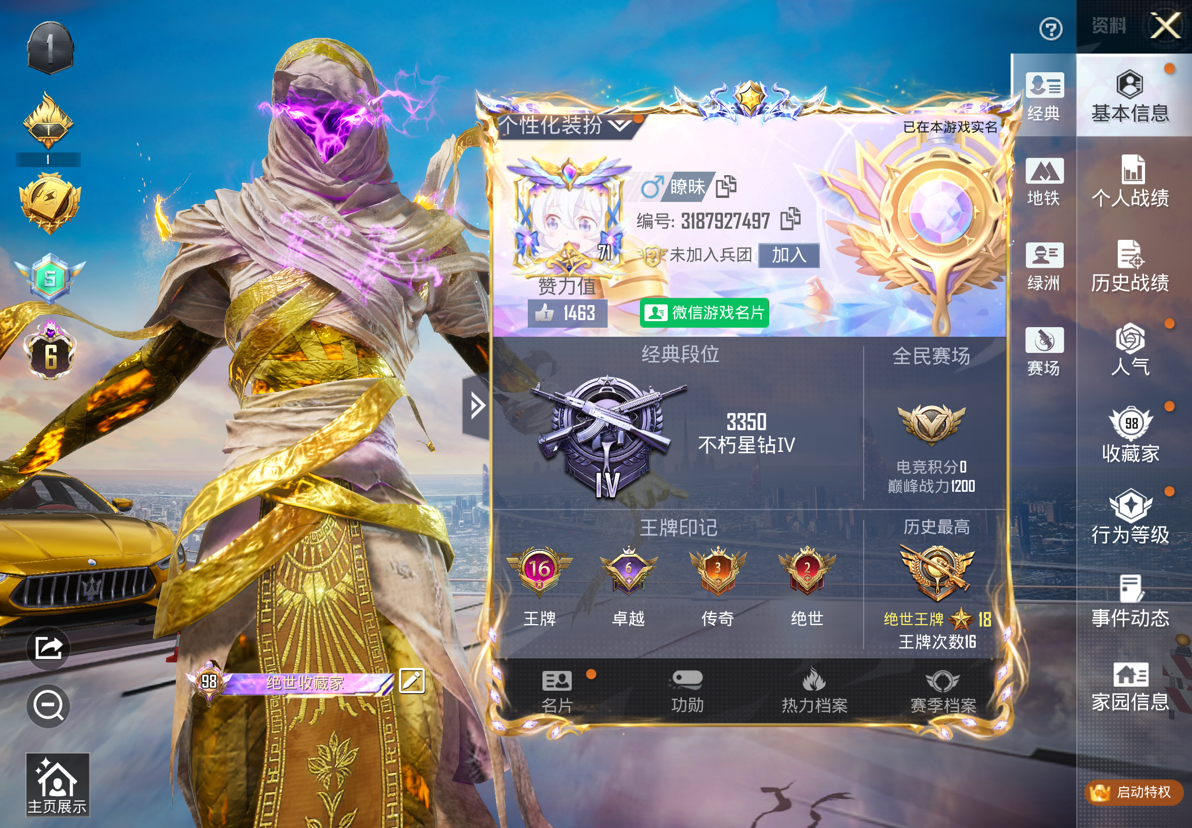 和平精英账号苹果微信8载具-311套装-402枪皮-6HR84 成长不可修改社交限制 苹果微信-16王牌印记-4红装-2