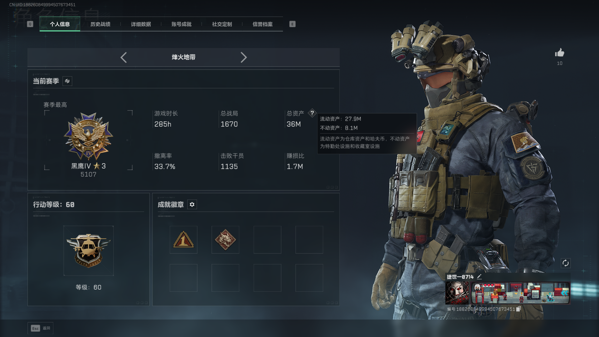 三角洲行动账号QQ总资产：36M，哈夫币：258W，三角币&卷合计：46，武器皮肤：10，烽火60级：黑鹰，战场12级