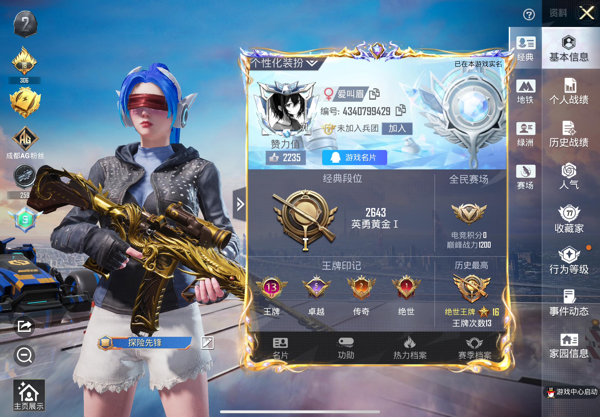 和平精英账号苹果QQ1载具-226套装-317枪皮-HR309 成长不可修改 有设备脸 苹果手Q-13王牌印记-12粉装