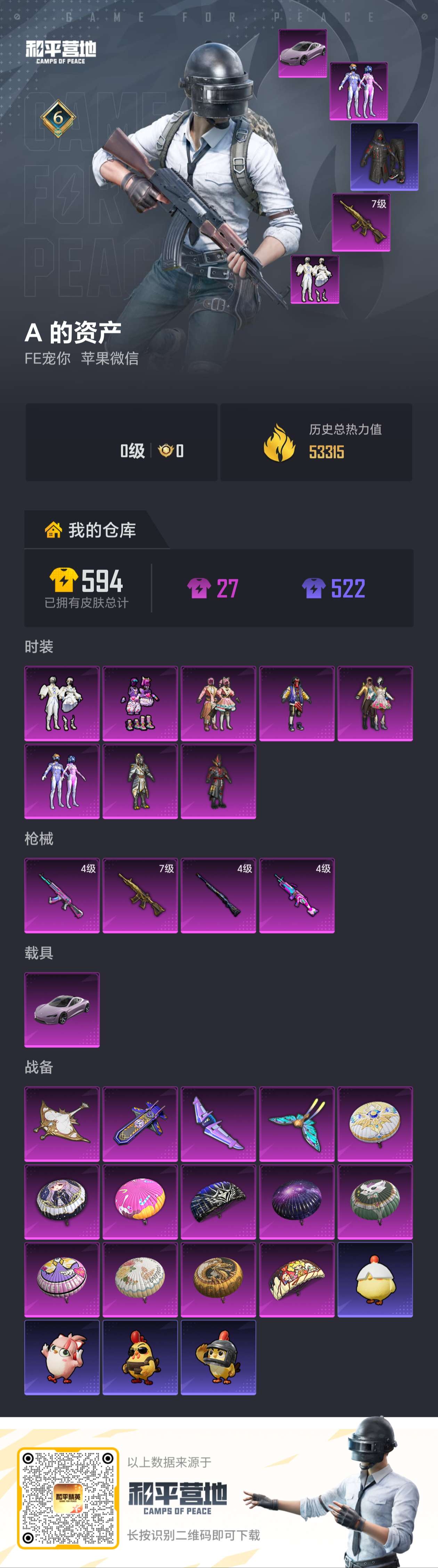 和平精英账号苹果微信苹果微信-6王牌印记-8粉装-4特效枪-1载具-53316热力值-131套装-146枪皮
【8粉装】