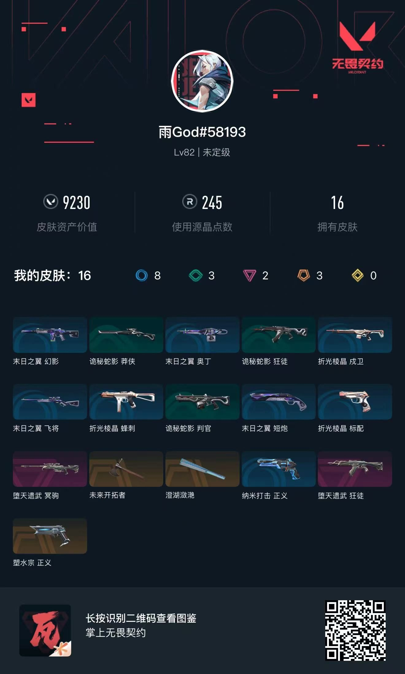 无畏契约账号QQ 等级:Lv82 | 未定级/ 已用源晶点:245/  皮肤价值:9230/ 英雄数:13/ 
 【