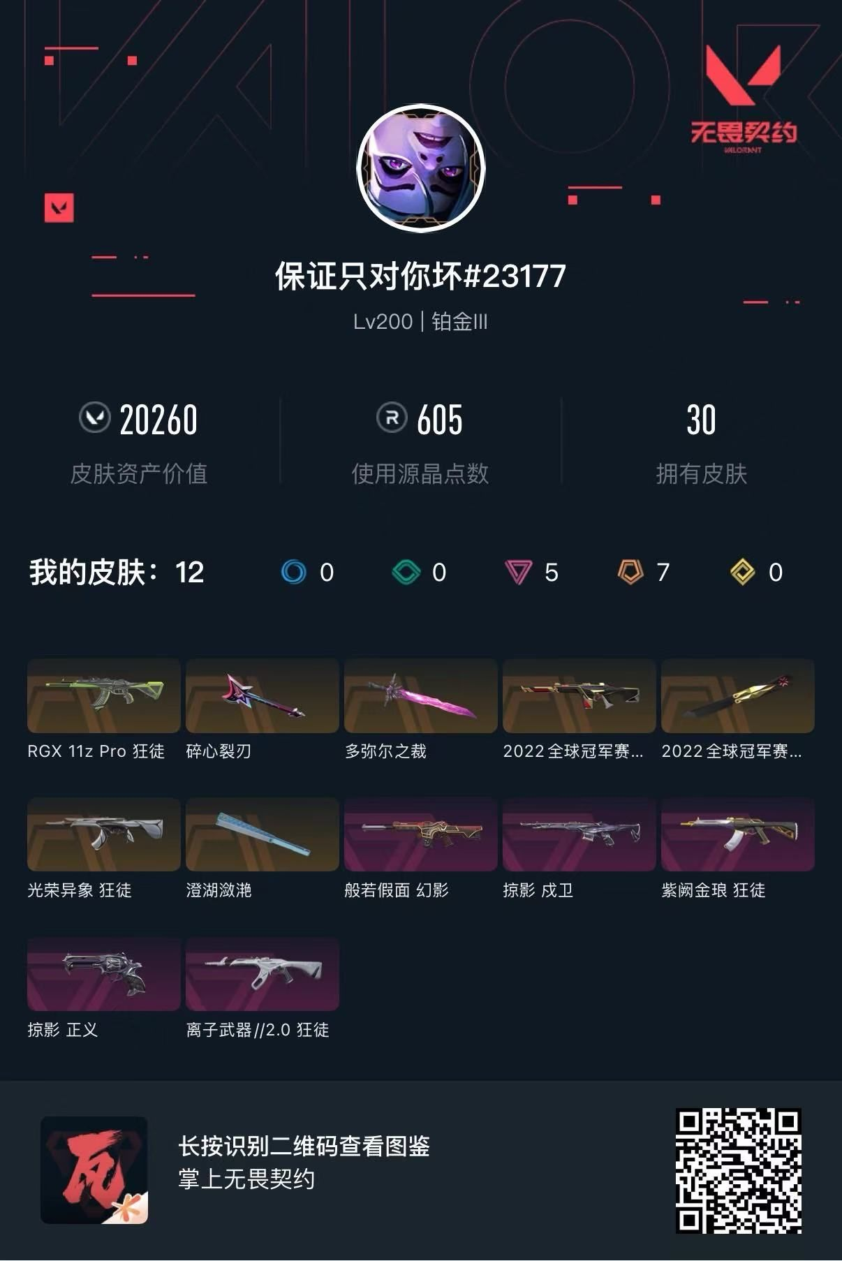 无畏契约账号QQ 等级:Lv200 | 铂金III/ 已用源晶点:605/  皮肤价值:20260/ 英雄数:28/