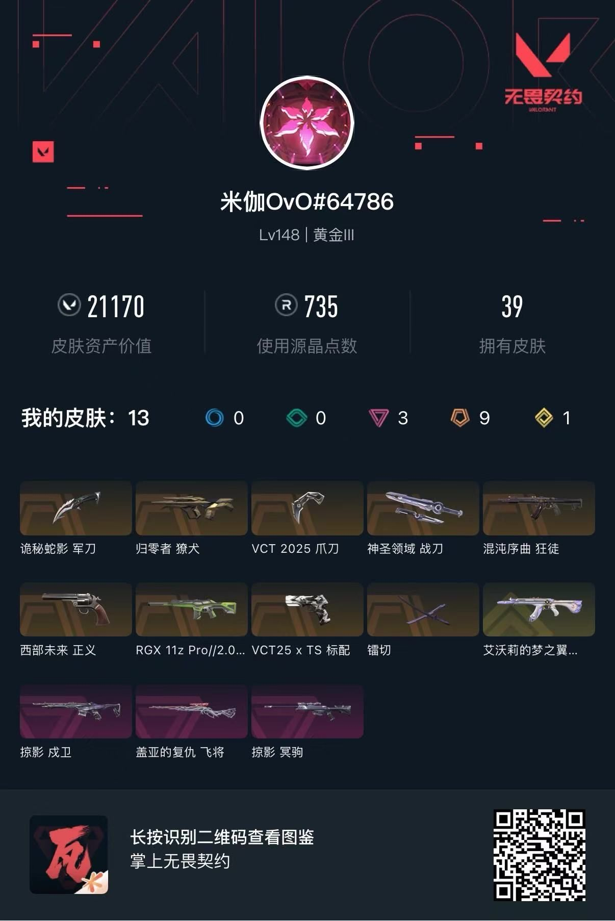 无畏契约账号QQ 等级:Lv148 | 黄金III/ 已用源晶点:735/  皮肤价值:21170/ 英雄数:28/