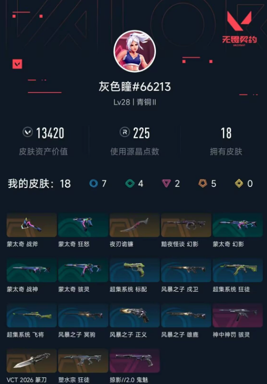 无畏契约账号QQ 等级:Lv29 | 青铜III/ 已用源晶点:225/  皮肤价值:13420/ 英雄数:6/ 
