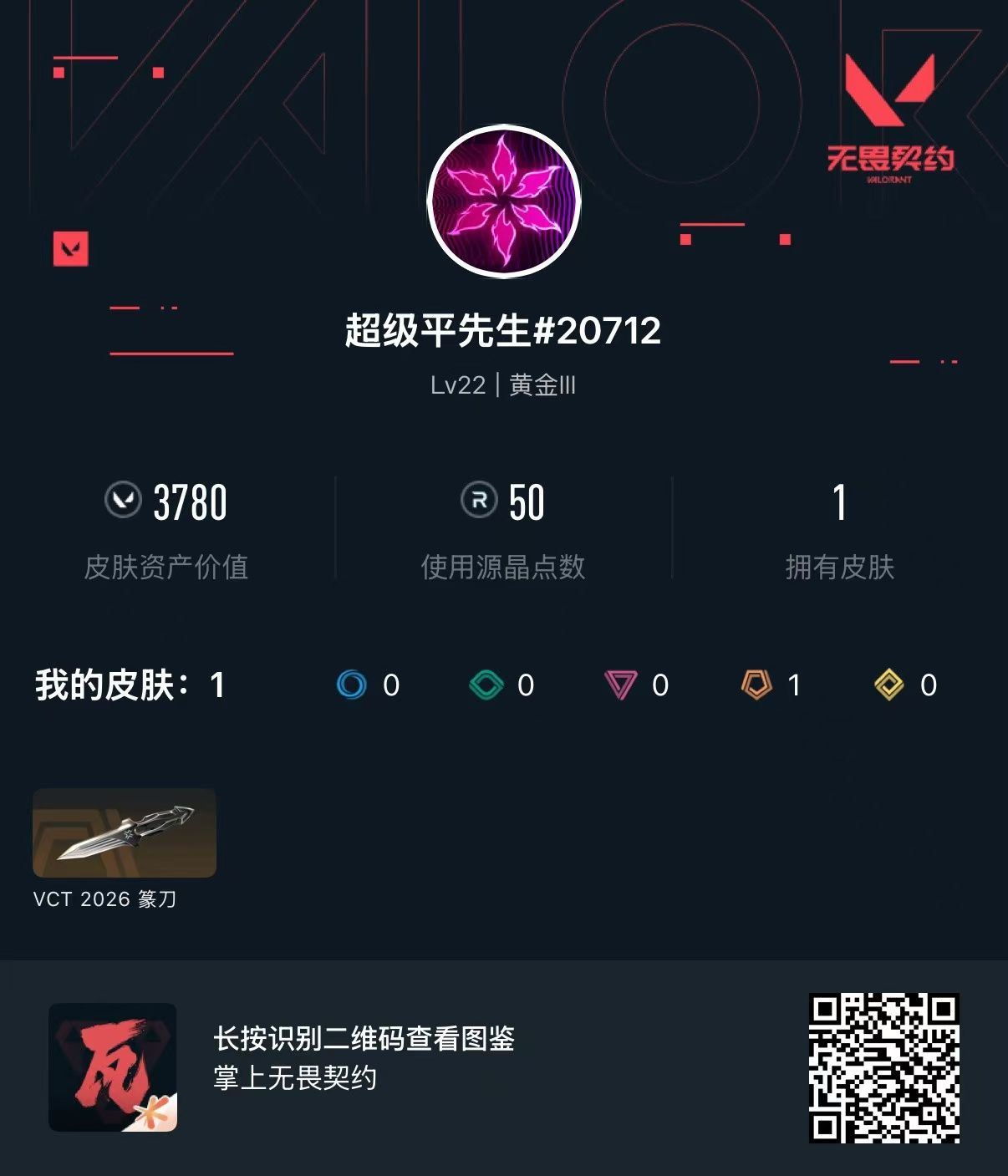 无畏契约账号QQ 等级:Lv22 | 黄金III/ 已用源晶点:50/  皮肤价值:3780/ 英雄数:8/ 
 【