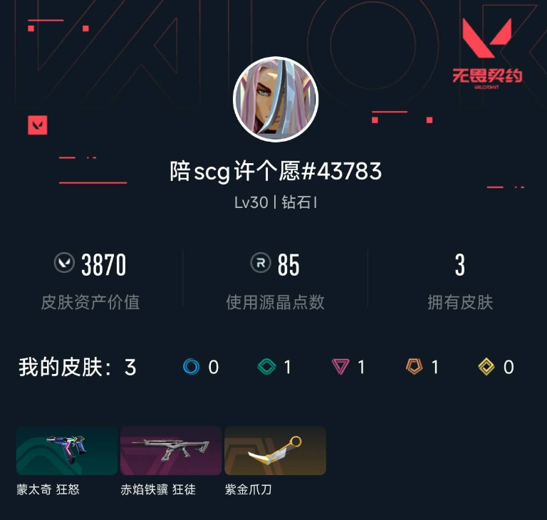 无畏契约账号QQ 等级:Lv30 | 钻石I/ 已用源晶点:85/  皮肤价值:3870/ 英雄数:10/ 
 【英