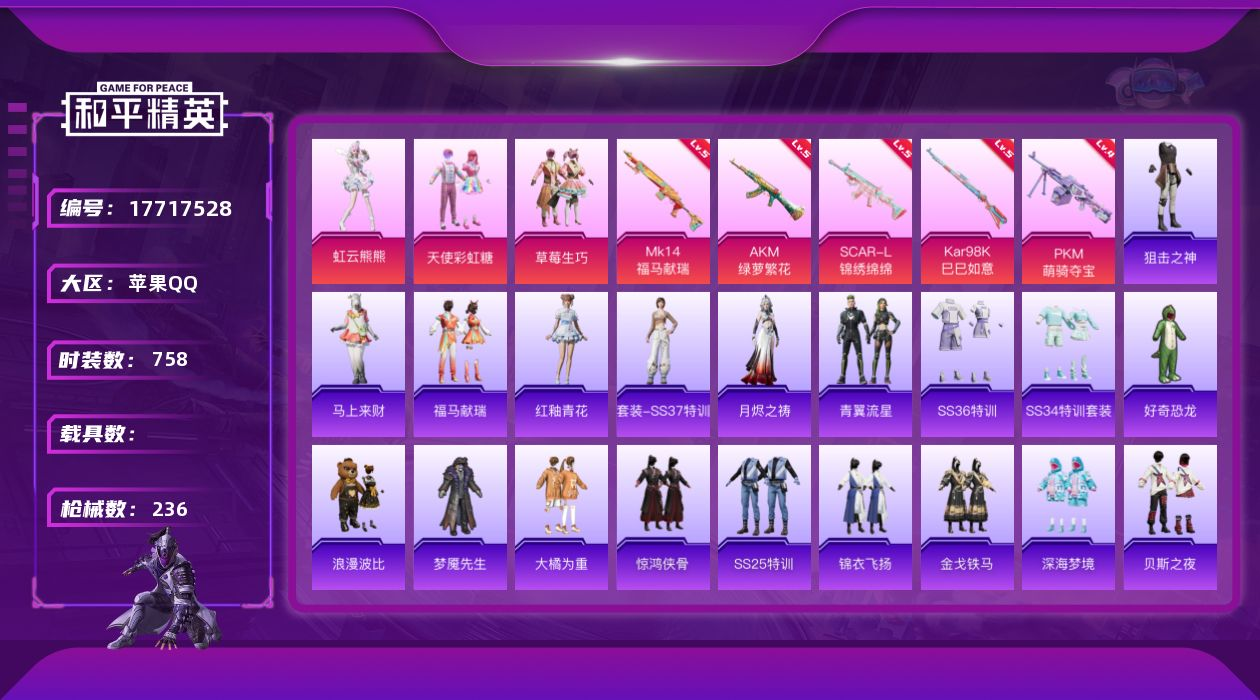 和平精英账号苹果QQ0载具-196套装-236枪皮-苹果手Q-5王牌印记-3粉装-5特效枪-70567热力值-196套装
