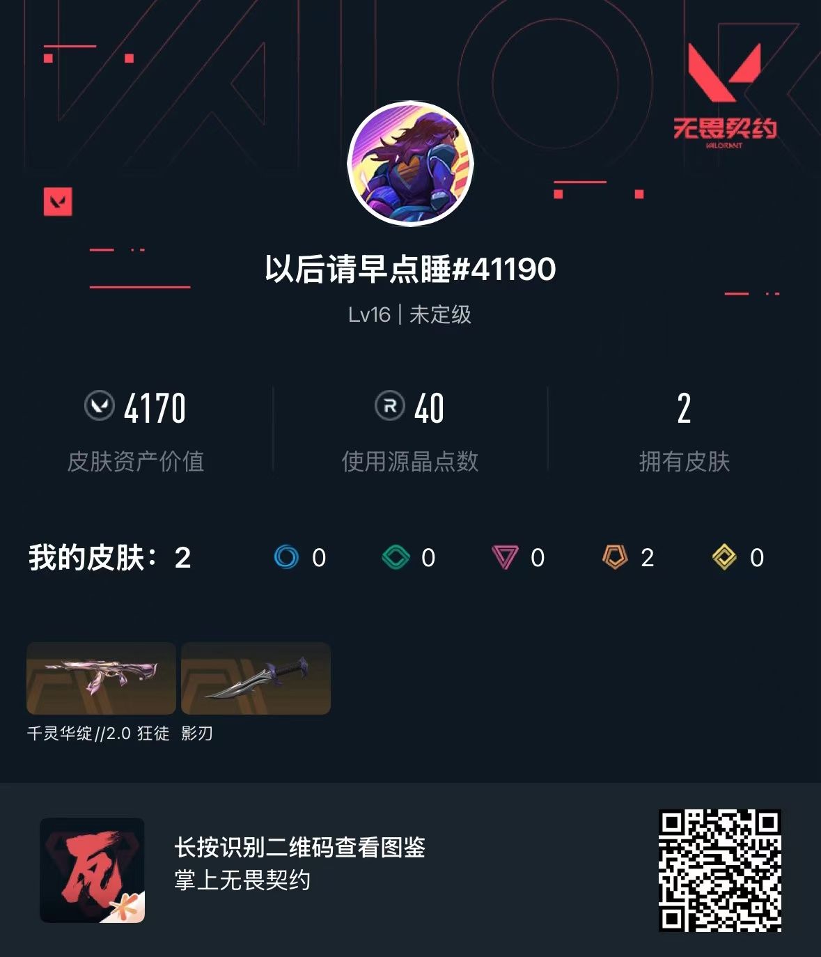 无畏契约账号QQ 等级:Lv16 | 未定级/ 已用源晶点:40/  皮肤价值:4170/ 英雄数:7/ 
 【英雄