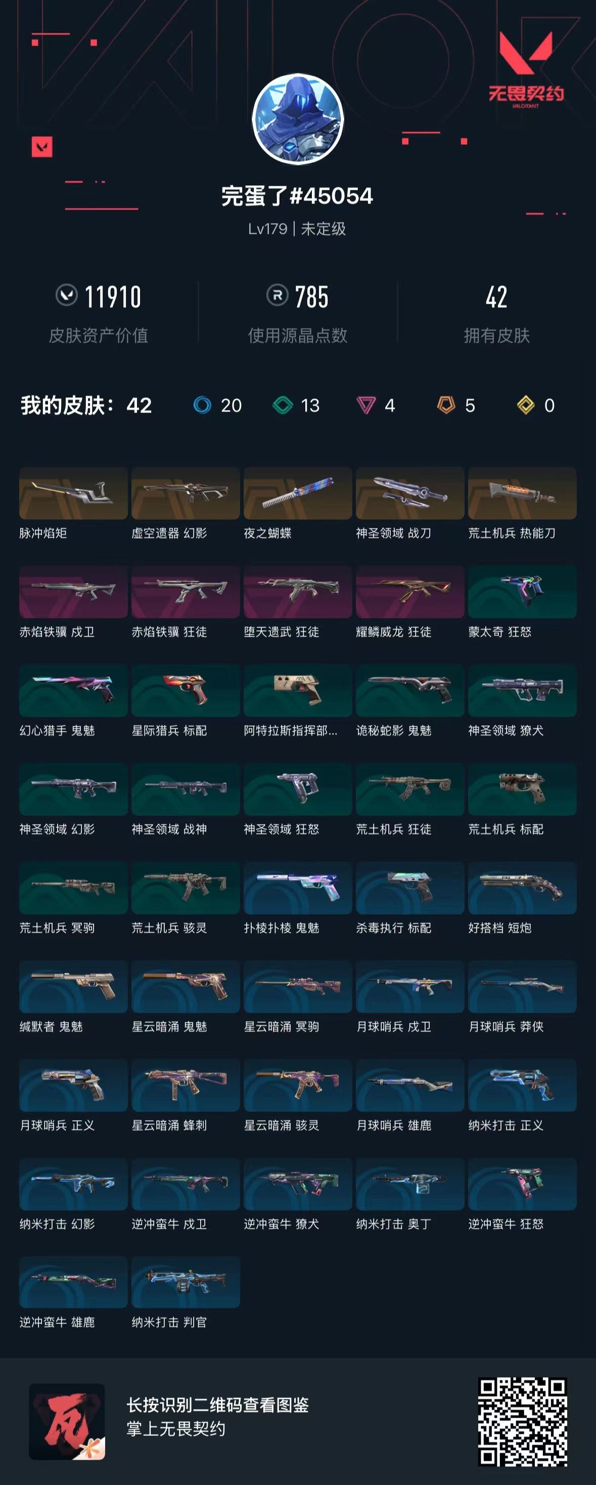 无畏契约账号QQ 等级:Lv179 | 未定级/ 已用源晶点:785/  皮肤价值:11910/ 英雄数:28/ 
