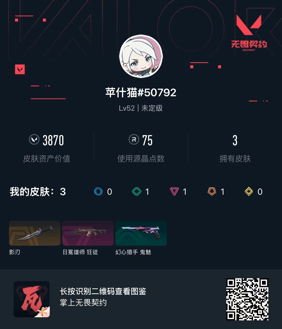 无畏契约账号QQ 等级:Lv52 | 未定级/ 已用源晶点:75/  皮肤价值:3870/ 英雄数:11/ 
 【英