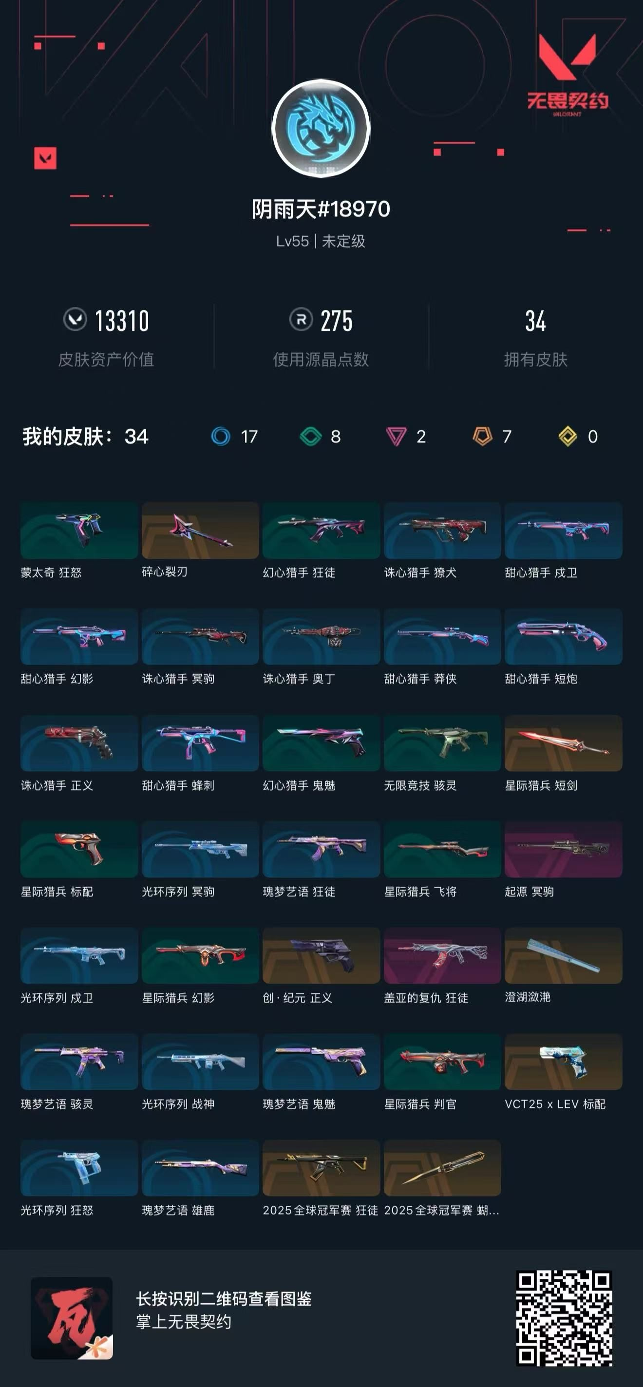 无畏契约账号QQ 等级:Lv55 | 未定级/ 已用源晶点:275/  皮肤价值:13310/ 英雄数:20/ 
 