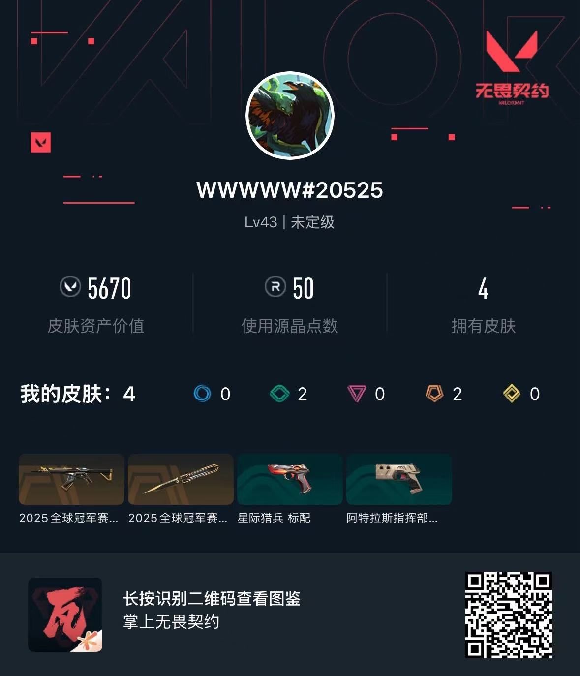 无畏契约账号QQ 等级:Lv43 | 未定级/ 已用源晶点:50/  皮肤价值:5670/ 英雄数:14/ 
 【英