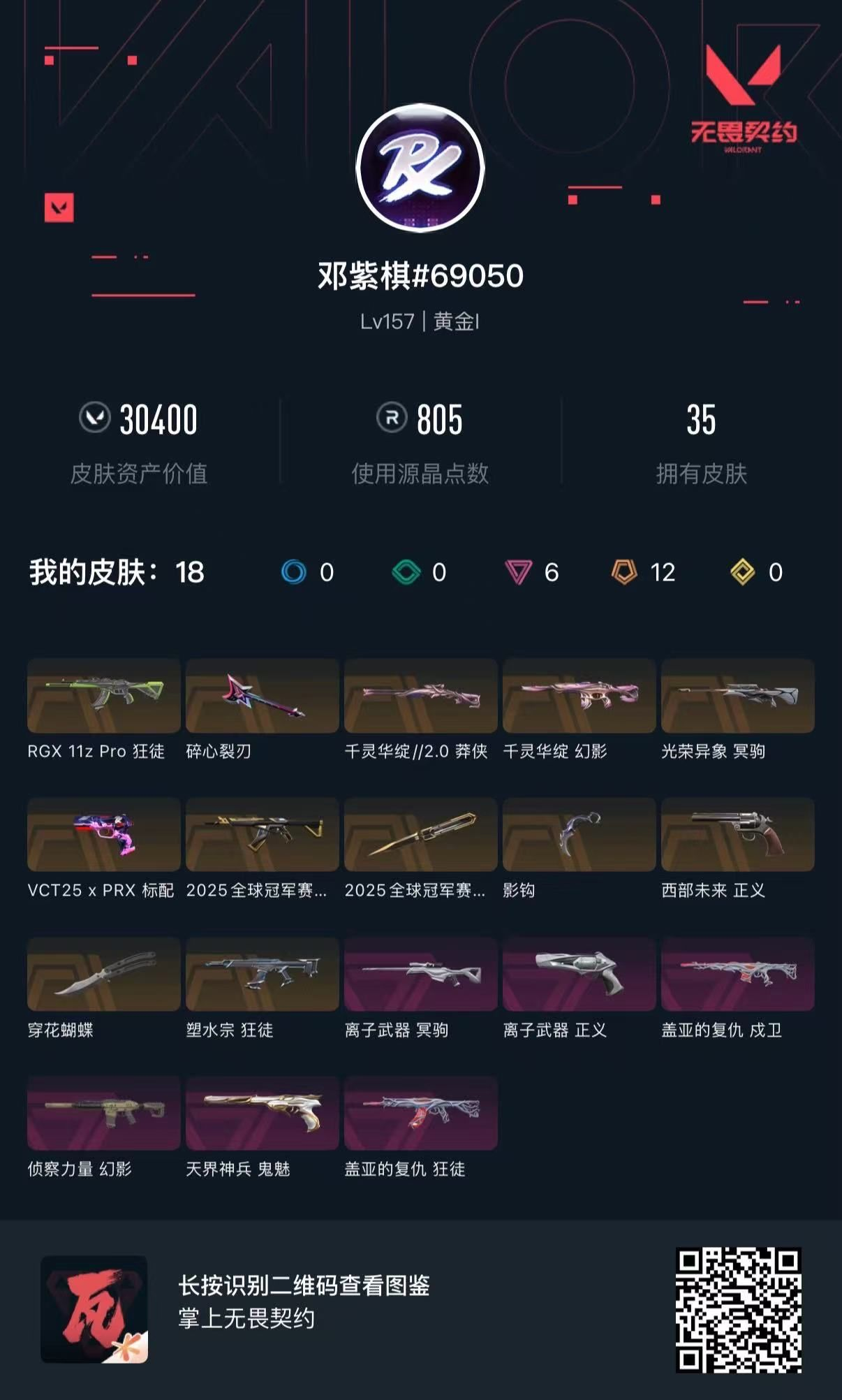 无畏契约账号QQ 等级:Lv157 | 黄金I/ 已用源晶点:805/  皮肤价值:30400/ 英雄数:29/ 
