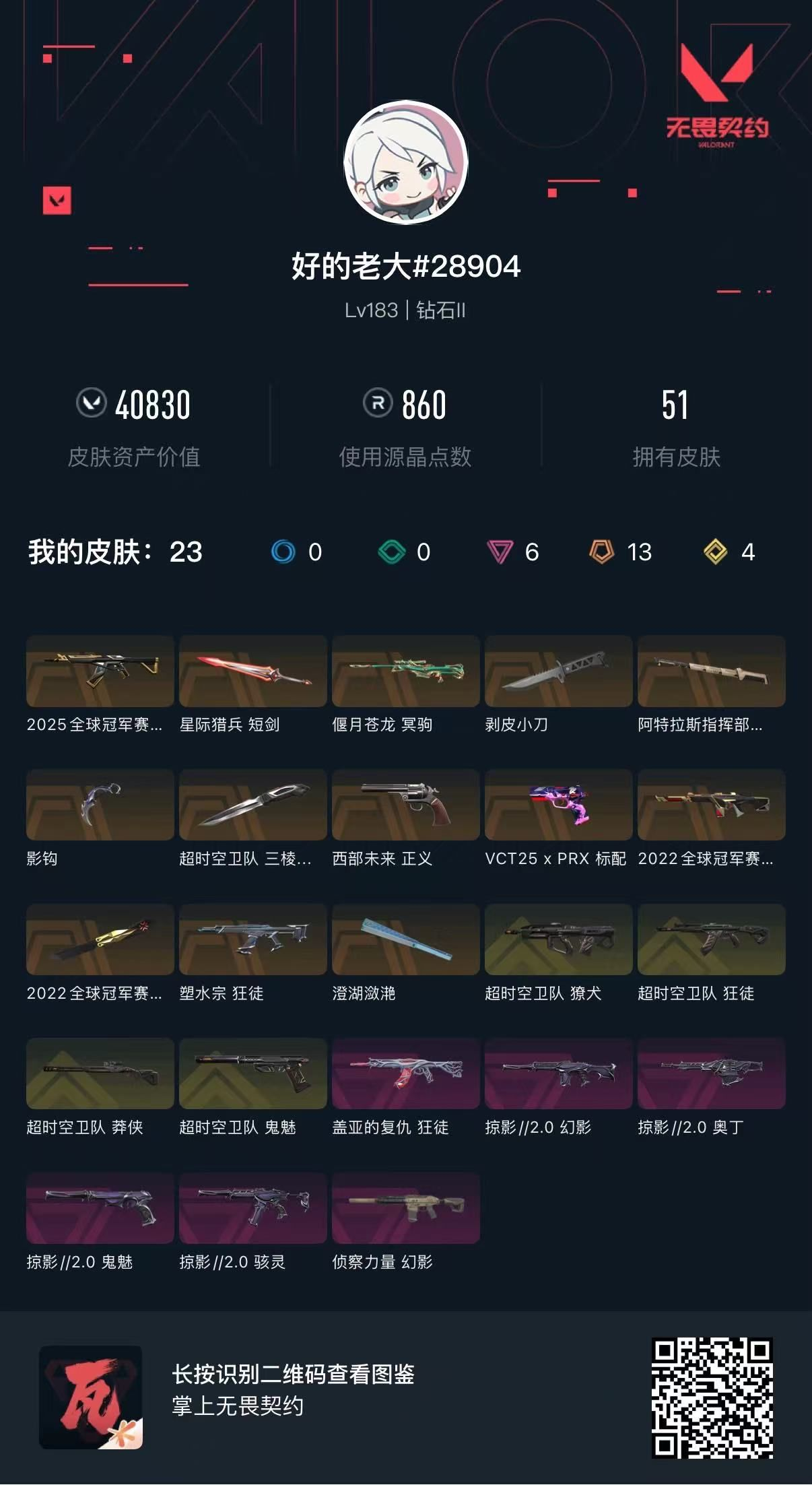 无畏契约账号QQ 等级:Lv183 | 钻石II/ 已用源晶点:860/  皮肤价值:40830/ 英雄数:29/ 