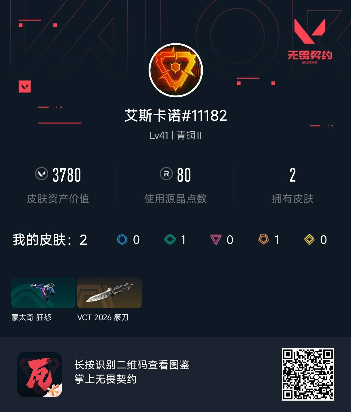 无畏契约账号QQ 等级:Lv41 | 青铜II/ 已用源晶点:80/  皮肤价值:3780/ 英雄数:5/ 
 【英