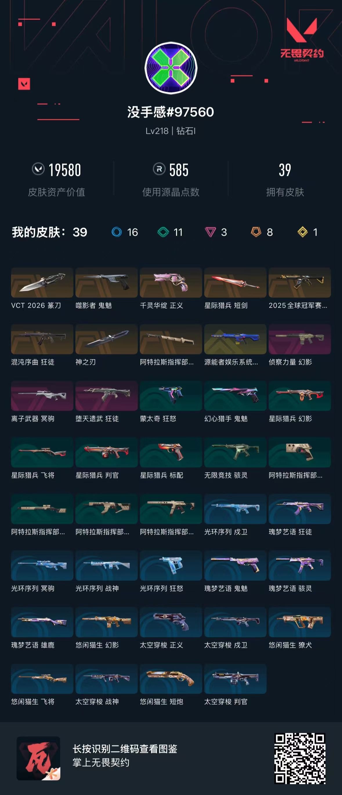 无畏契约账号QQ 等级:Lv218 | 钻石I/ 已用源晶点:585/  皮肤价值:19580/ 英雄数:29/ 
