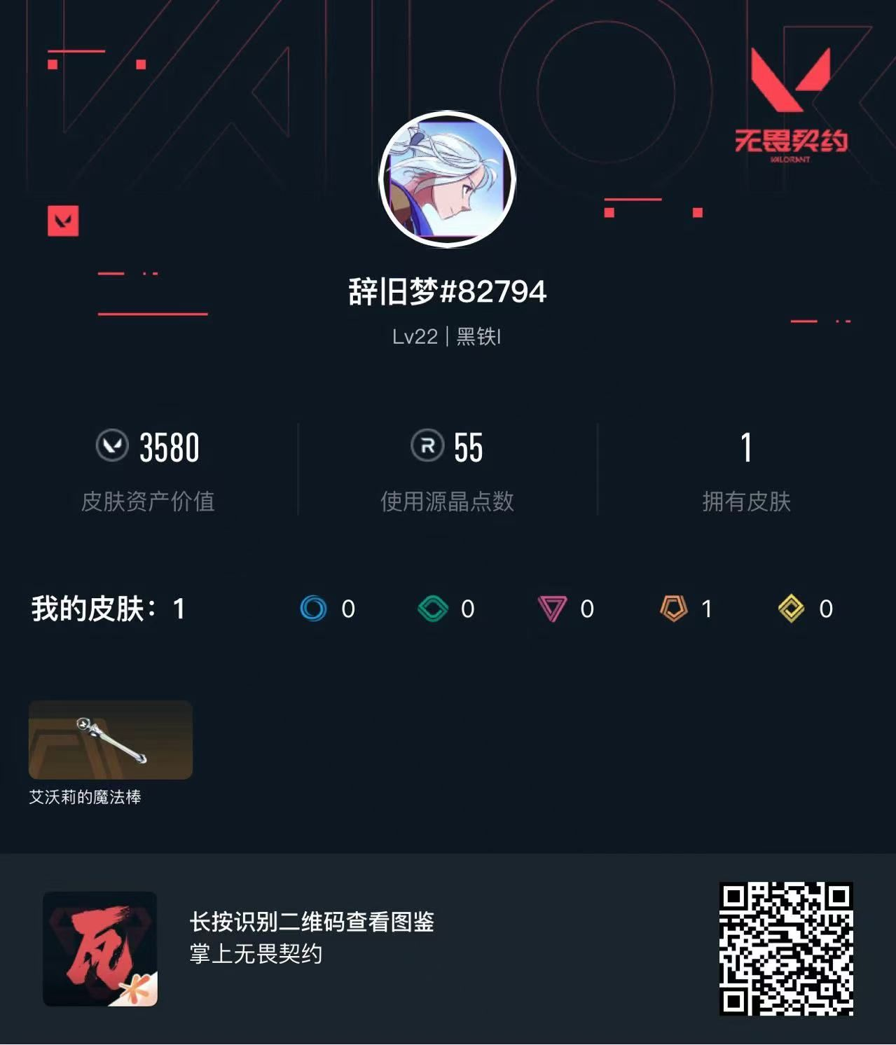 无畏契约账号QQ 等级:Lv22 | 黑铁I/ 已用源晶点:55/  皮肤价值:3580/ 英雄数:9/ 
 【英雄