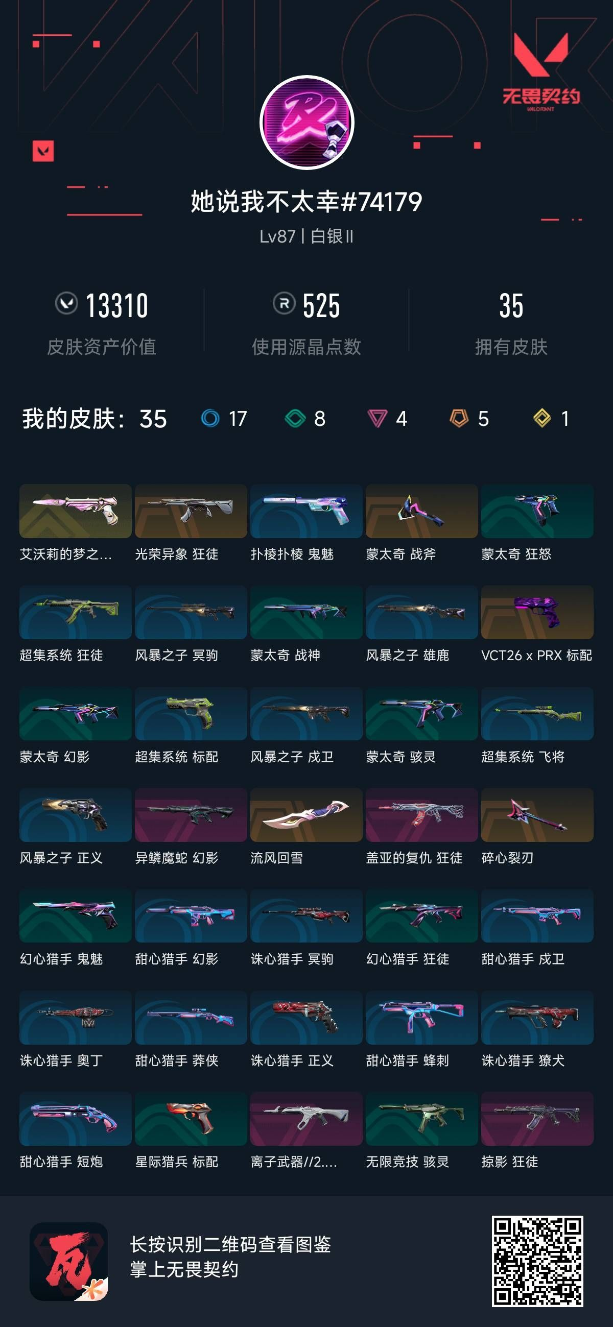 无畏契约账号QQ 等级:Lv87 | 白银II/ 已用源晶点:525/  皮肤价值:13310/ 英雄数:16/ 
