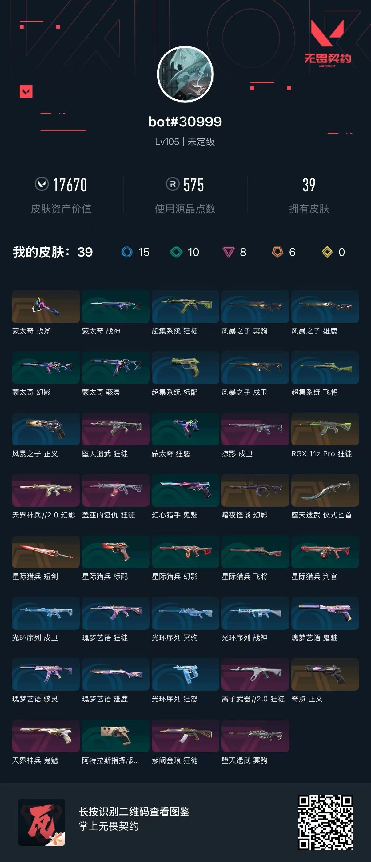 无畏契约账号QQ 等级:Lv105 | 未定级/ 已用源晶点:575/  皮肤价值:17670/ 英雄数:21/ 
