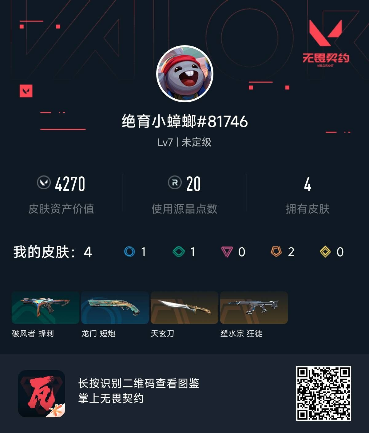 无畏契约账号QQ 等级:Lv7 | 未定级/ 已用源晶点:20/  皮肤价值:4270/ 英雄数:5/ 
 【英雄】