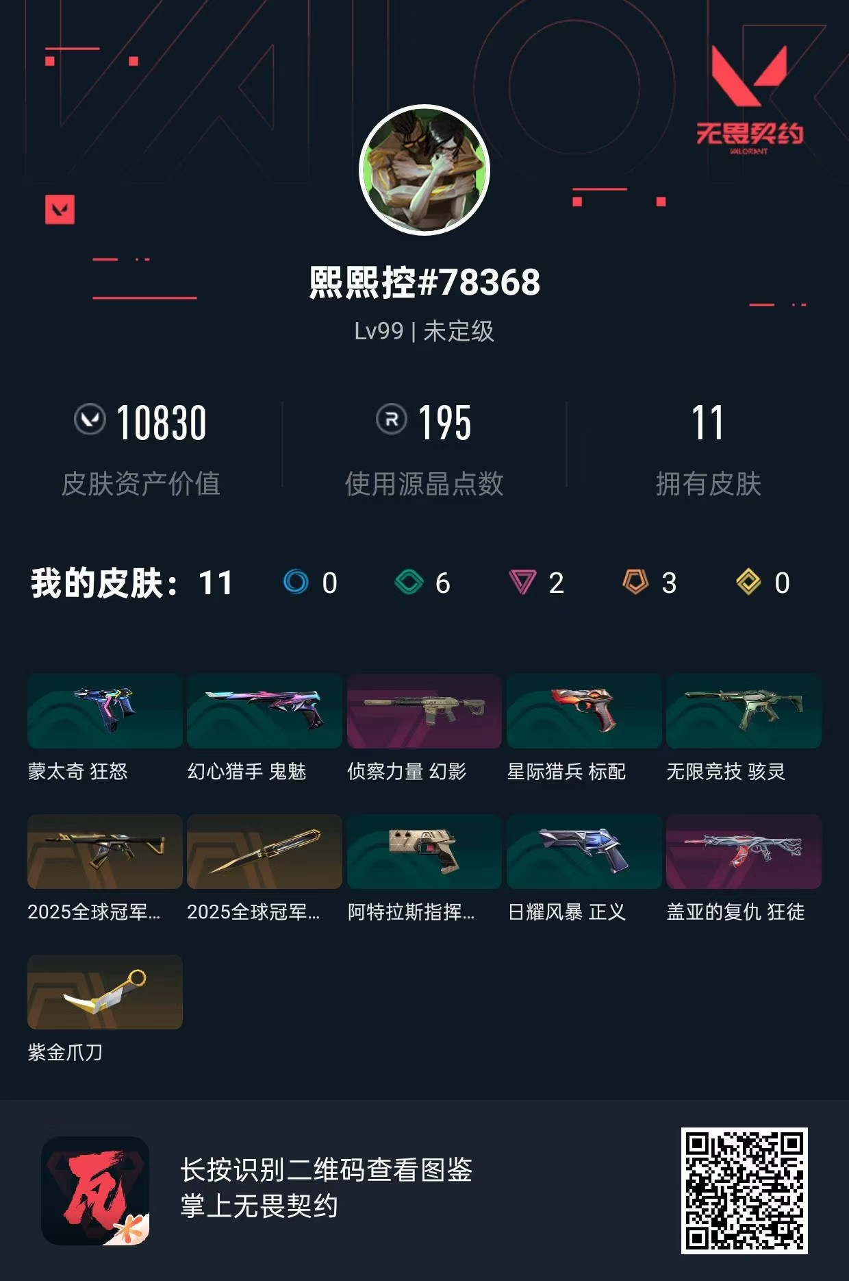 无畏契约账号QQ 等级:Lv99 | 未定级/ 已用源晶点:195/  皮肤价值:10830/ 英雄数:20/ 
 
