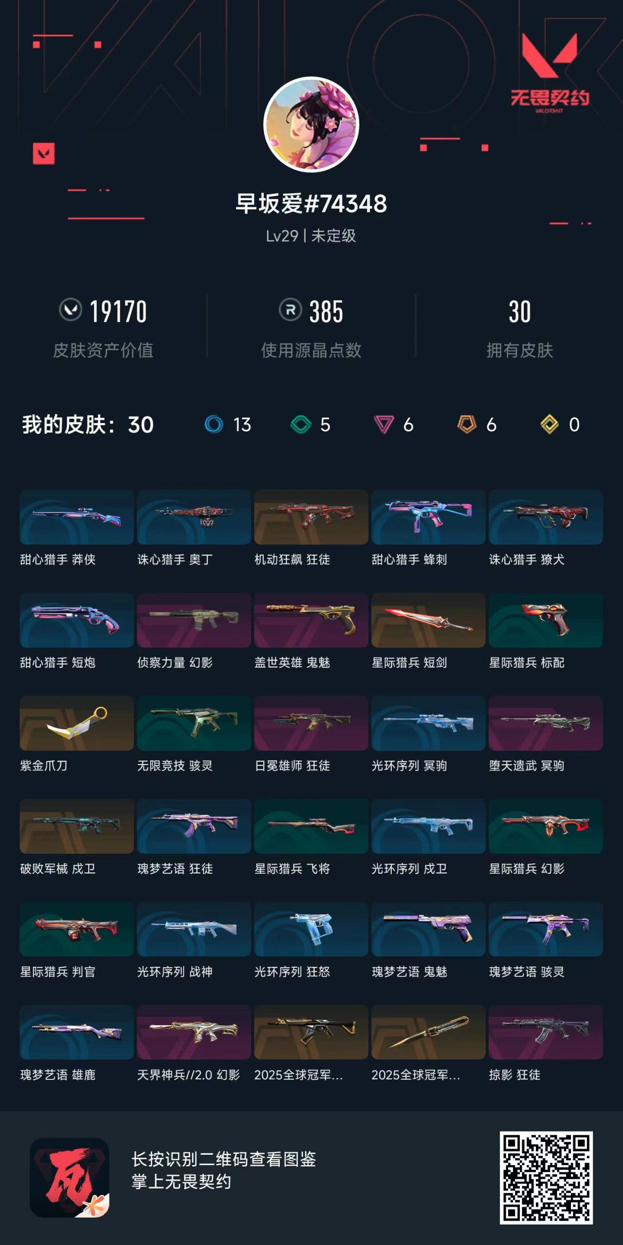 无畏契约账号QQ 等级:Lv29 | 未定级/ 已用源晶点:385/  皮肤价值:19170/ 英雄数:9/ 
 【