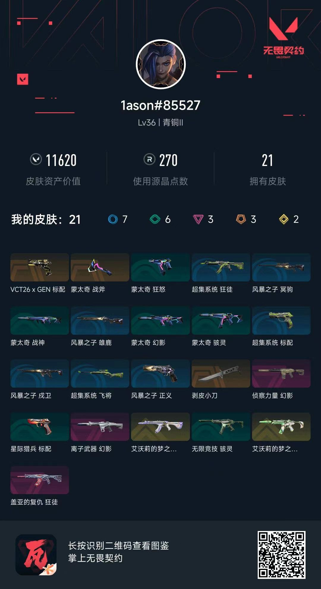 无畏契约账号QQ 等级:Lv36 | 青铜II/ 已用源晶点:270/  皮肤价值:11620/ 英雄数:15/ 
