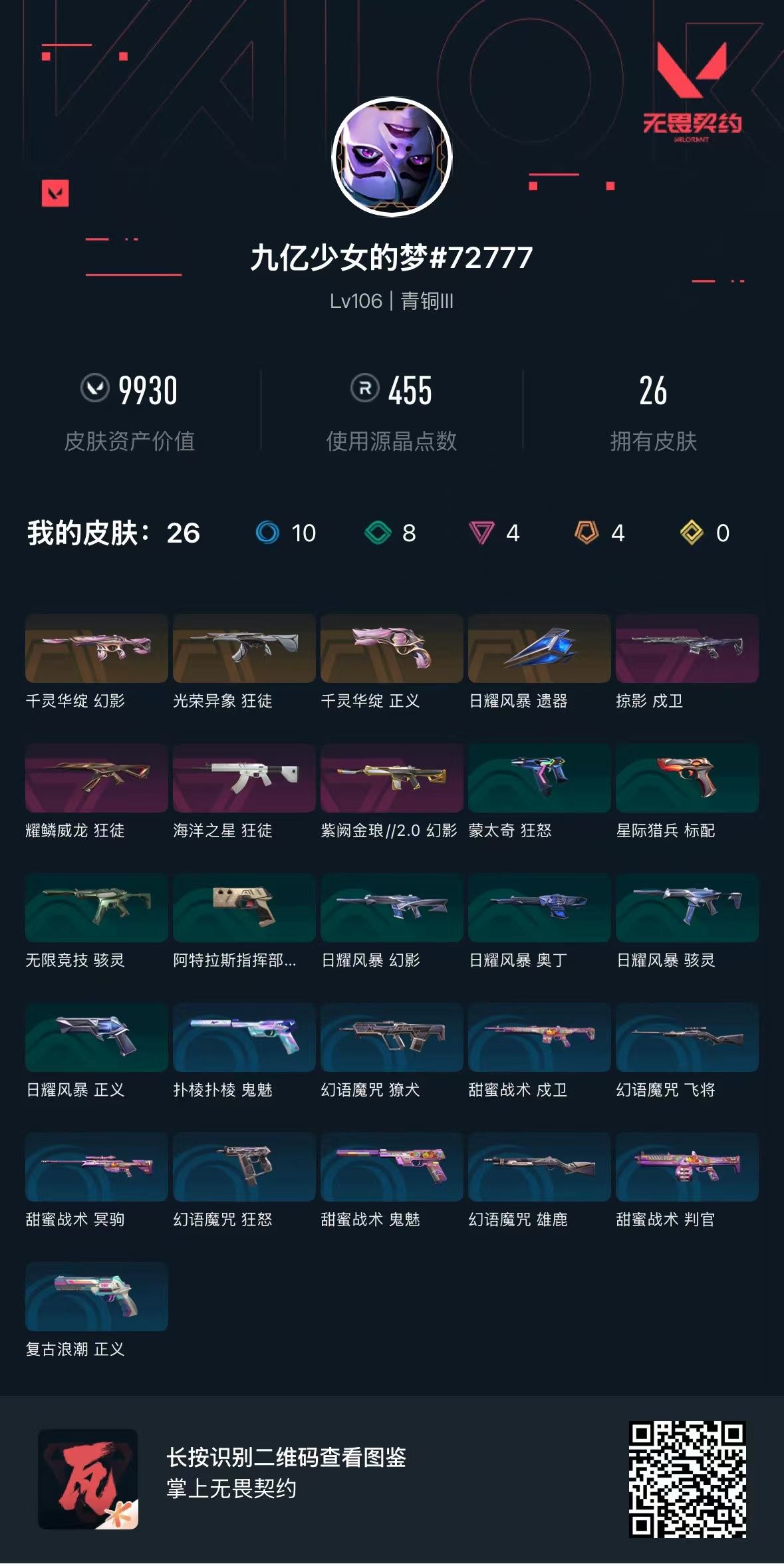 无畏契约账号QQ 等级:Lv106 | 青铜III/ 已用源晶点:455/  皮肤价值:9930/ 英雄数:28/ 