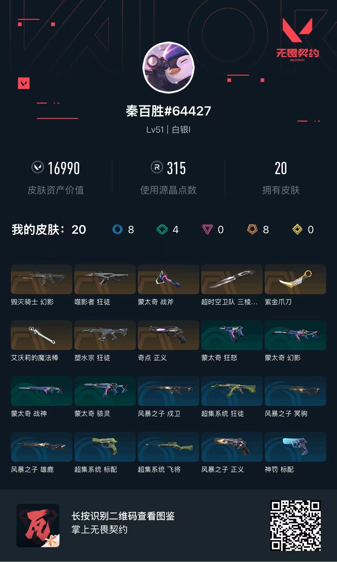 无畏契约账号QQ 等级:Lv51 | 白银I/ 已用源晶点:315/  皮肤价值:16990/ 英雄数:15/ 
 