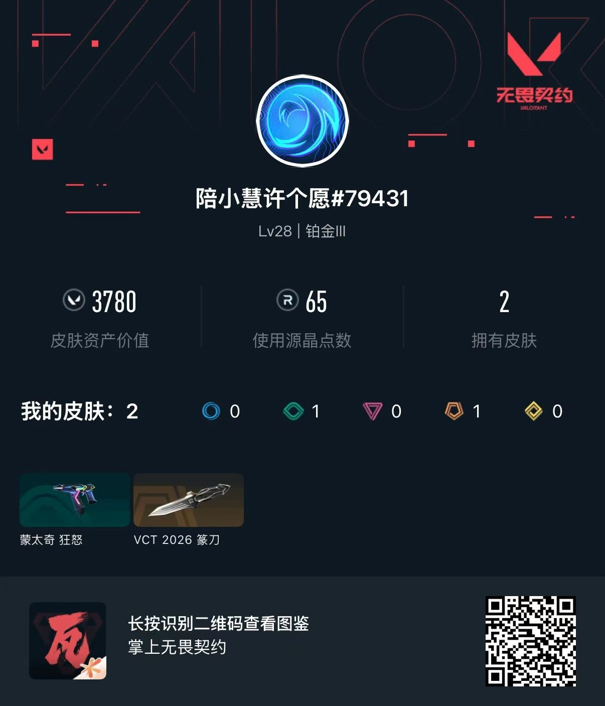 无畏契约账号QQ 等级:Lv28 | 铂金III/ 已用源晶点:65/  皮肤价值:3780/ 英雄数:8/ 
 【