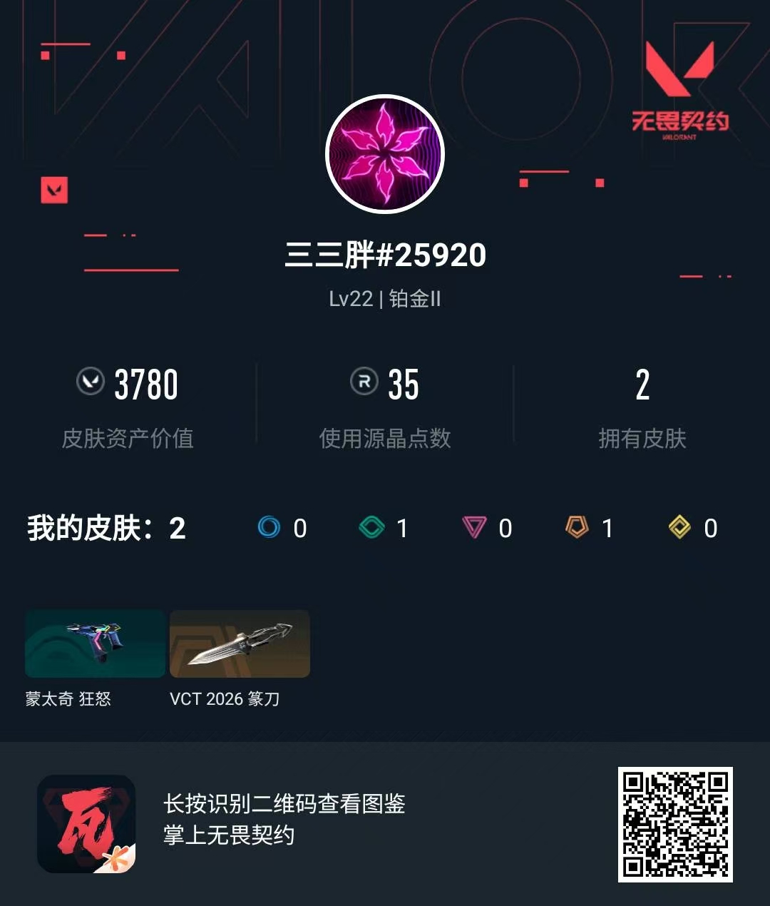 无畏契约账号QQ 等级:Lv22 | 铂金II/ 已用源晶点:35/  皮肤价值:3780/ 英雄数:11/ 
 【