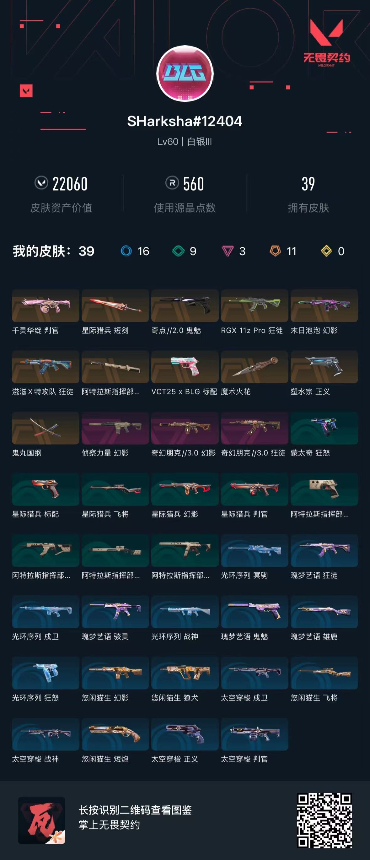 无畏契约账号QQ 等级:Lv60 | 白银III/ 已用源晶点:560/  皮肤价值:22060/ 英雄数:17/ 