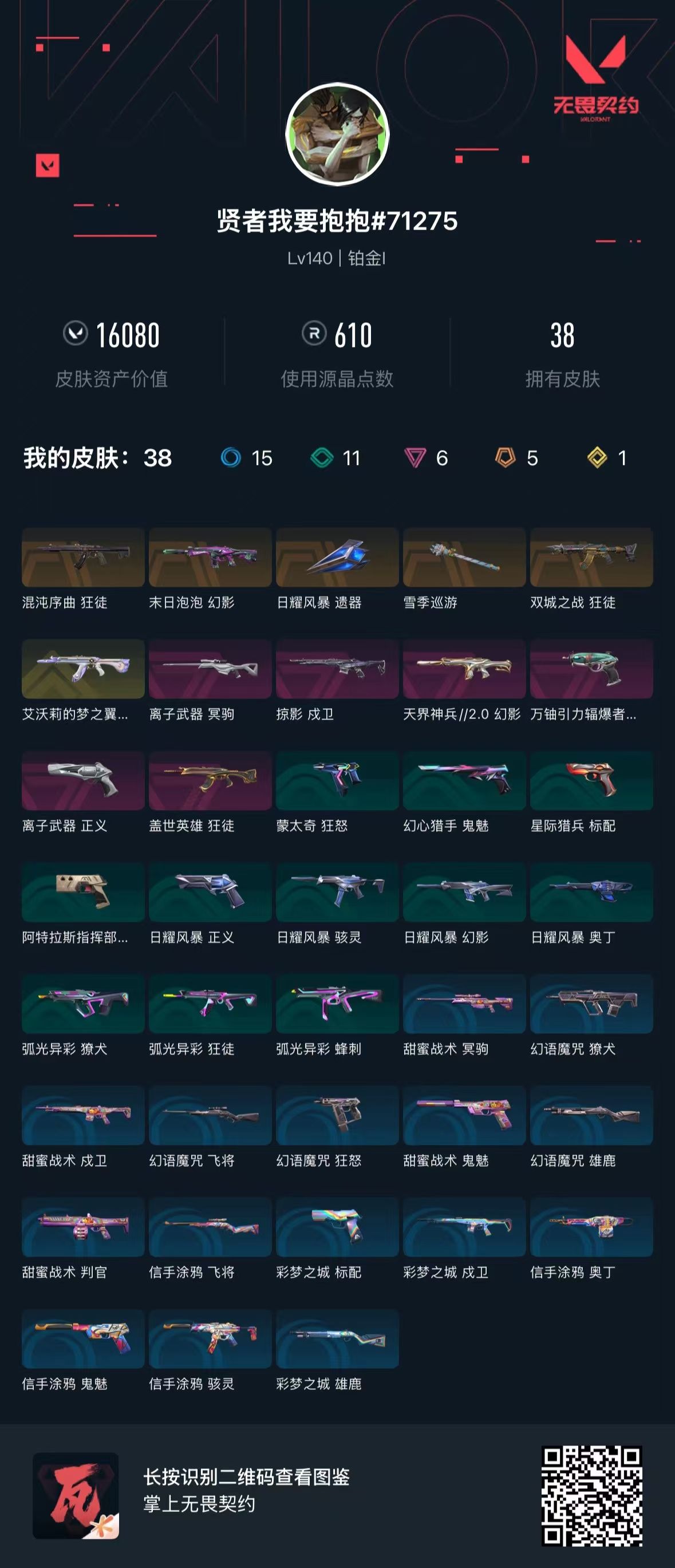 无畏契约账号QQ 等级:Lv140 | 铂金I/ 已用源晶点:610/  皮肤价值:16080/ 英雄数:26/ 
