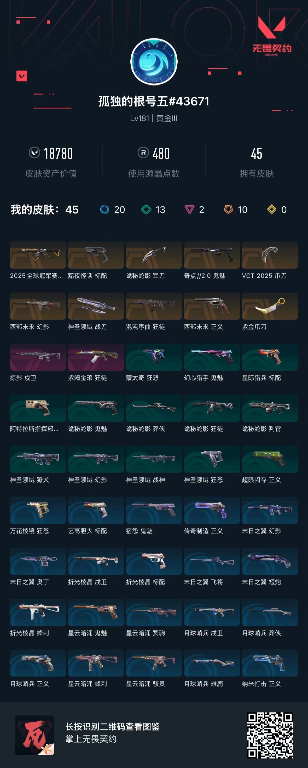 无畏契约账号QQ 等级:Lv181 | 黄金III/ 已用源晶点:480/  皮肤价值:18780/ 英雄数:28/