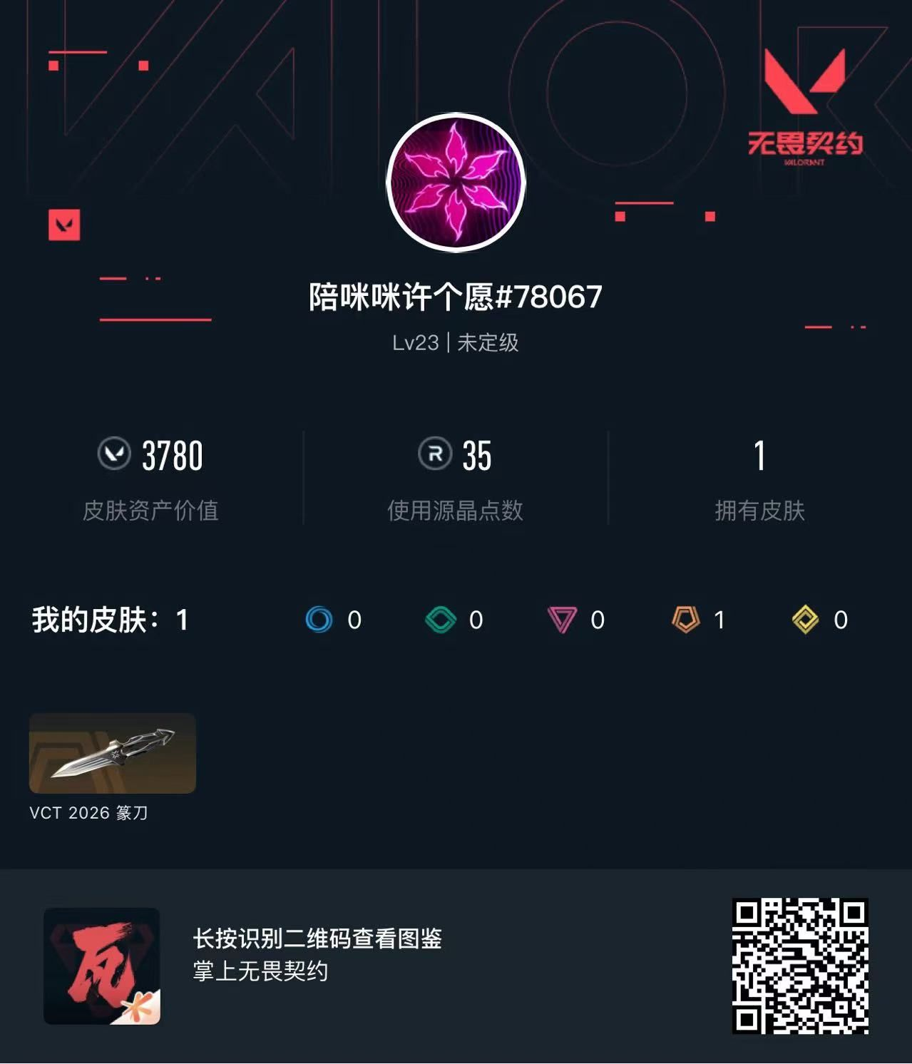 无畏契约账号QQ 等级:Lv23 | 未定级/ 已用源晶点:35/  皮肤价值:3780/ 英雄数:8/ 
 【英雄