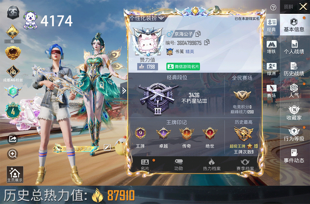 和平精英账号安卓微信地铁天赋满孔雀公主4级1车11枪14粉小金鞋哥特梦幻火箭猪妹极限淑猫M416灵猫魔法师3级浅蓝色牛仔