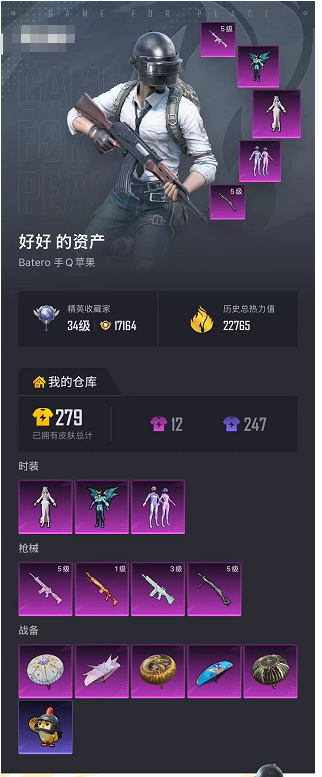 和平精英账号苹果QQ【新火箭少女 3粉装 4枪皮  龟仙人】苹果手Q-3粉装-4特效枪-22765热力值-68套装-80枪皮【3粉装】套装-梦幻火箭,角色-天龙座 紫龙,角色-冷漠罗丽【4特效枪】Mk14-福马献瑞/1级