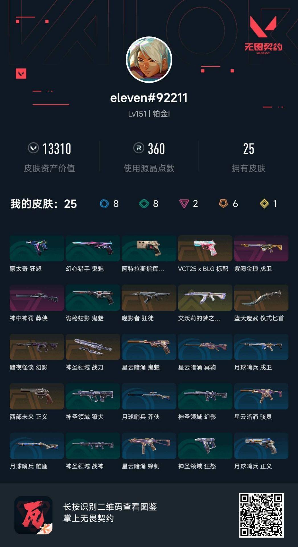 无畏契约账号QQQQ全区QQ全服，已用无畏点数:13310，已用源晶点:360，解锁英雄:24，营地ID:0，实名情况:不可二次实名，等级:Lv151 ，皮肤价值:13310，段位:铂金，【英雄】铁臂，禁灭，捷风，雷