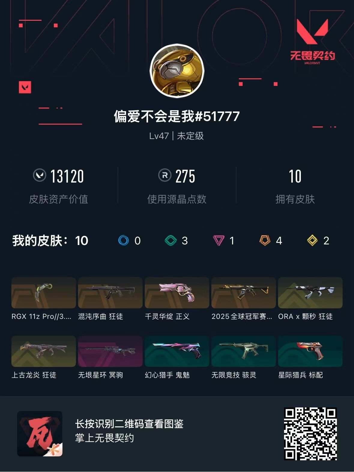 无畏契约账号QQ库存13120 显卡爪刀 千灵华绽正义 上古龙炎狂徒  2025全球冠军赛狂徒 颗秒狂徒  混沌序曲狂徒  无限星环 冥狙