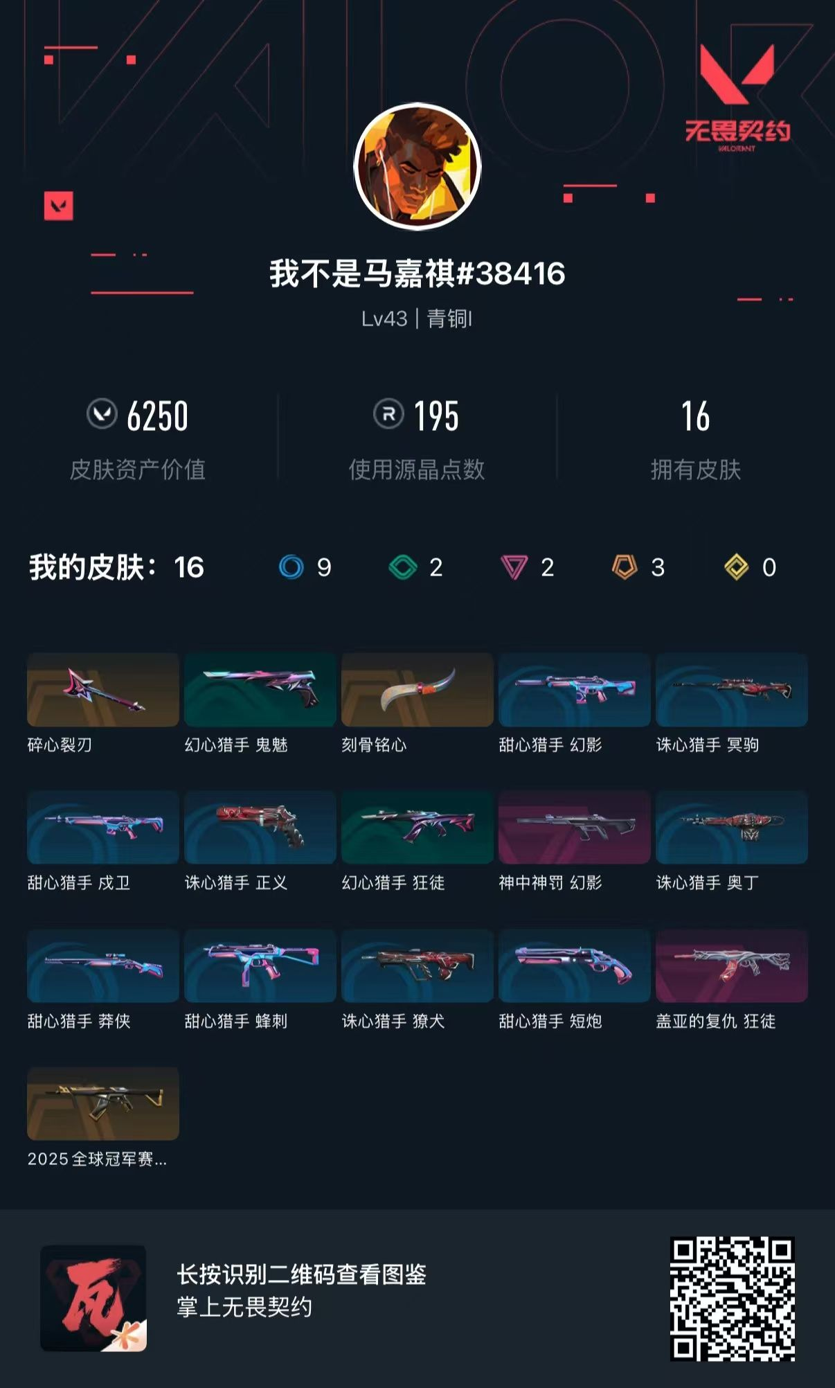 无畏契约账号QQQQ全区QQ全服，已用无畏点数:0，已用源晶点:195，解锁英雄:11，实名情况:可二次实名，等级:Lv43 ，皮肤价值:6250，段位:青铜，【英雄】禁灭，捷风，幽影，炼狱，不死鸟，贤者，猎枭，芮娜