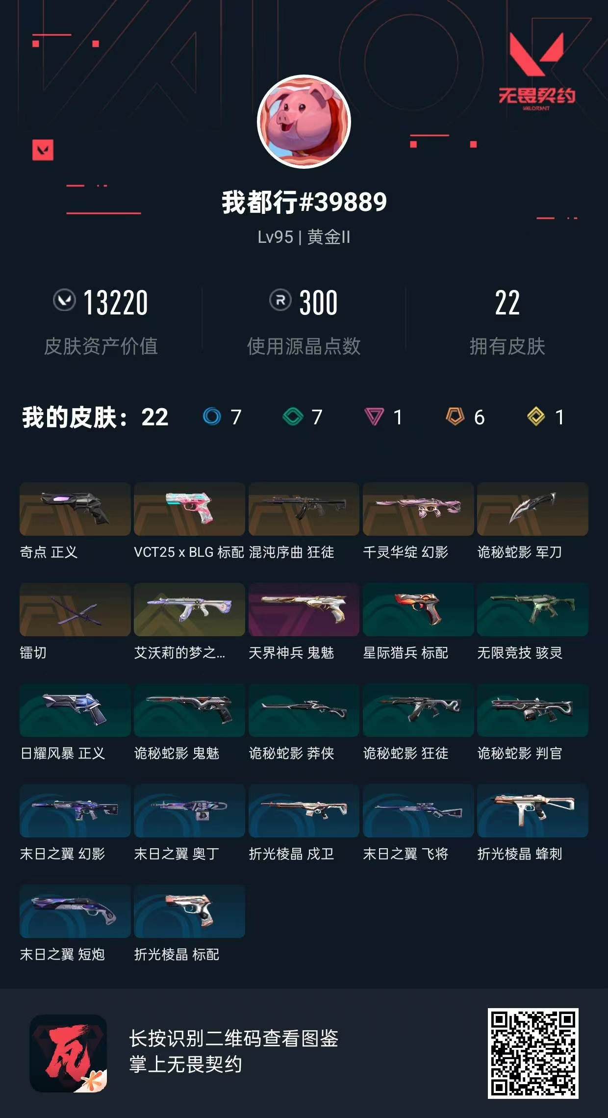 无畏契约账号QQ皮肤价值:13220    镭切  狂徒-艾沃莉的梦之翼  狂徒-混沌序曲   幻影-千灵华绽  VCT25xBLG  正义-奇点    鬼魅-天界神兵    诡秘蛇影军刀