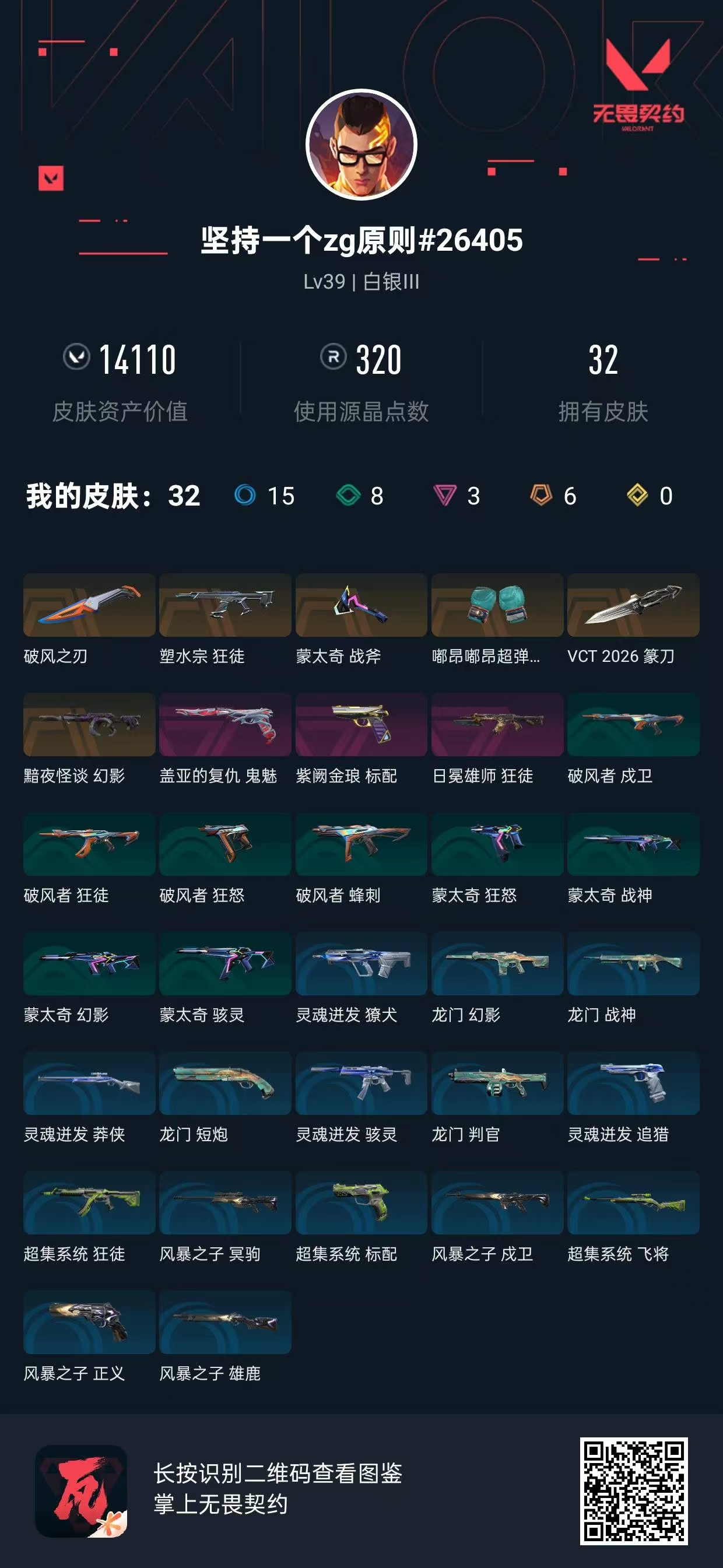 无畏契约账号QQ皮肤价值:14110   塑水宗狂徒    盖亚的复仇鬼魅    VCT2026篆刀    嘟昂嘟昂超弹力水球拳套    日冕雄师狂徒     黯夜怪谈幻影     紫阙金琅标配   盖亚的复仇鬼魅