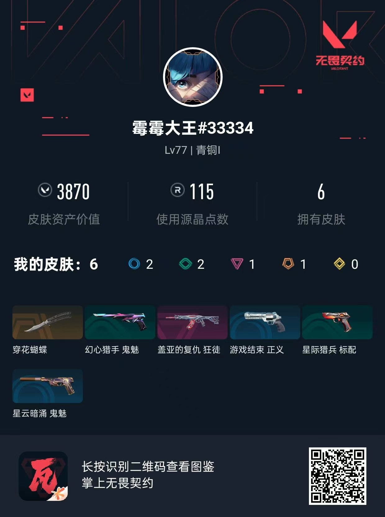 无畏契约账号QQ 皮肤价值:3870    近战武器-穿花蝴蝶     狂徒-盖亚的复仇