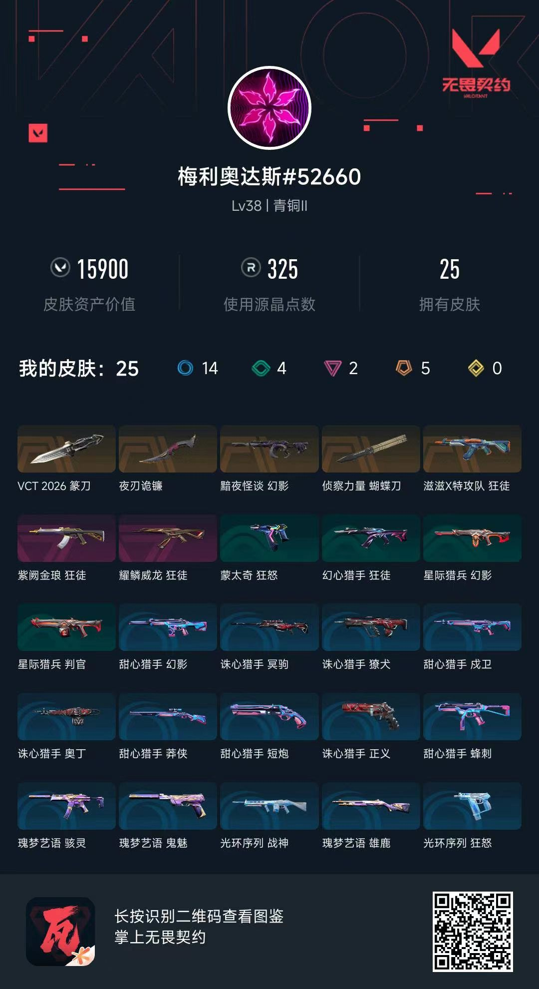无畏契约账号QQ全主武器15900库存 VCT20026篆刀 夜刃鬼镰 侦查蝴蝶刀 紫金狂徒 威龙狂徒 滋滋狂徒 黯夜幻影