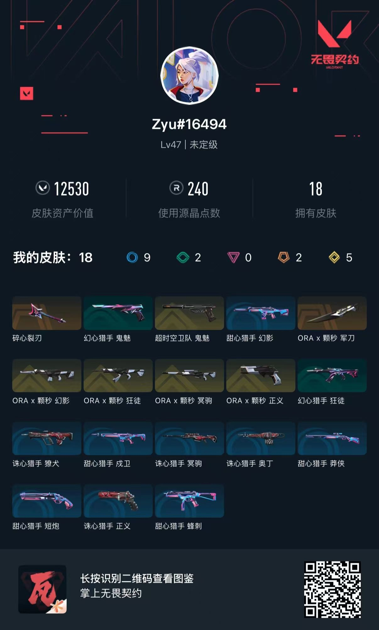 无畏契约账号QQQQ全区QQ全服，已用无畏点数:12530，已用源晶点:240，解锁英雄:15，营地ID:0，实名情况:不可二次实名，等级:Lv47 ，皮肤价值:12530，段位:白银，【英雄】铁臂，禁灭，捷风，炼狱
