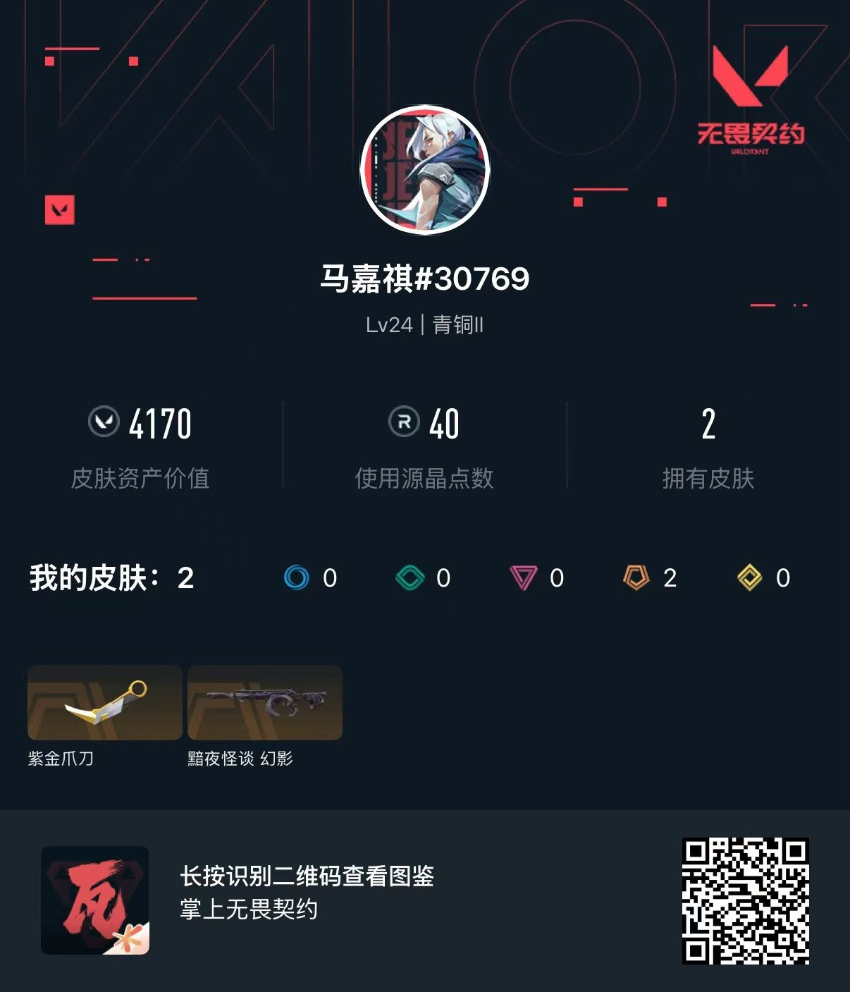 无畏契约账号QQQQ全区QQ全服，已用无畏点数:4170，已用源晶点:40，解锁英雄:9，营地ID:fyd1114，实名情况:不可二次实名，等级:Lv24 ，皮肤价值:4170，段位:青铜，【英雄】捷风，炼狱，不死鸟